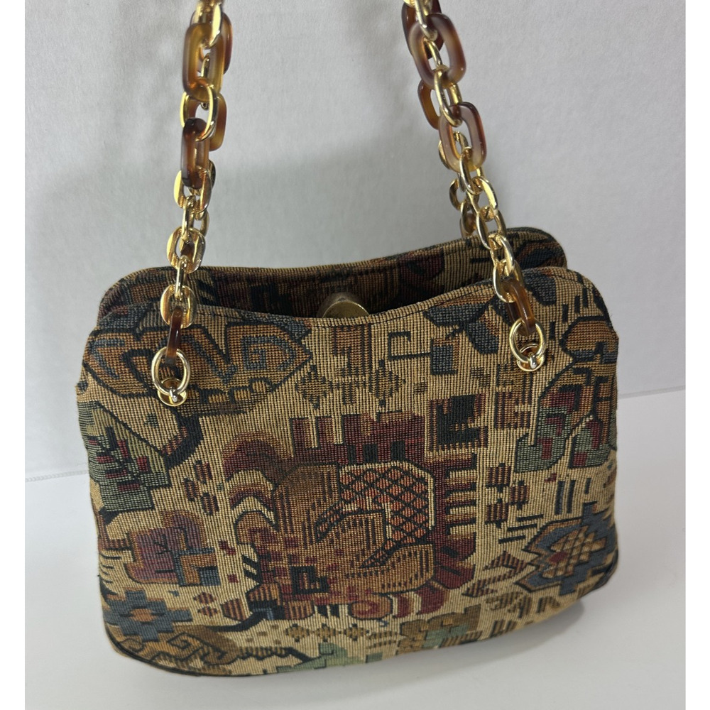 Vtg Morris Moskowitz Bag Tapestry Mini Purse Tortoise Chain Snap Closure Handbag - Picture 14 of 15